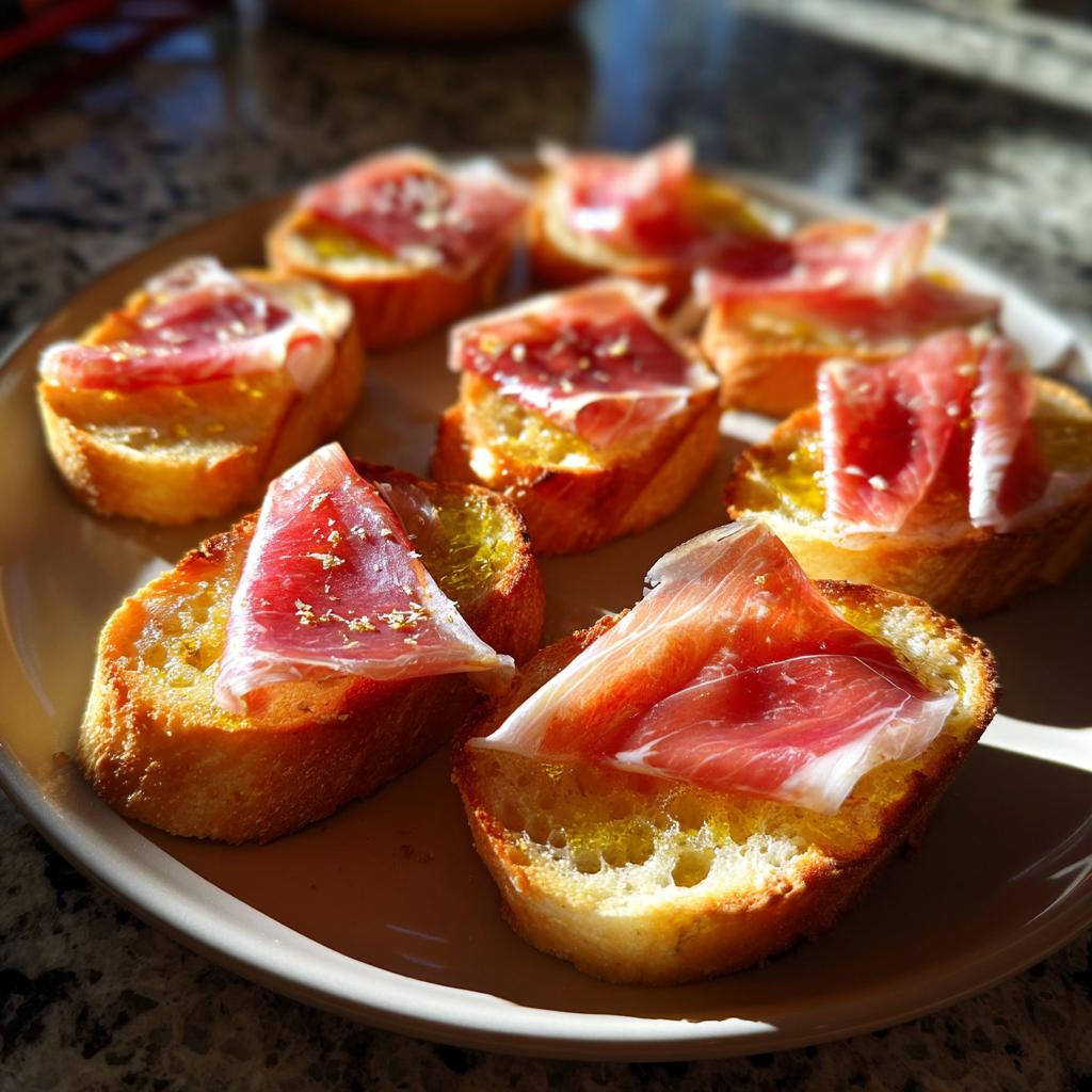 Rebanadas de pan tostado con jamón ibérico, tapas caseras sencillas para disfrutar