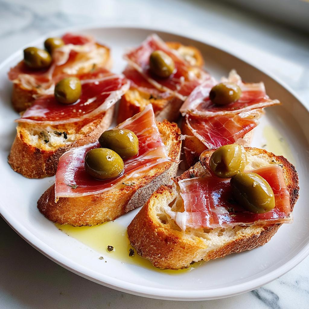 Tostas de pan con jamón y aceitunas verdes como tapas españolas fáciles en un plato blanco.
