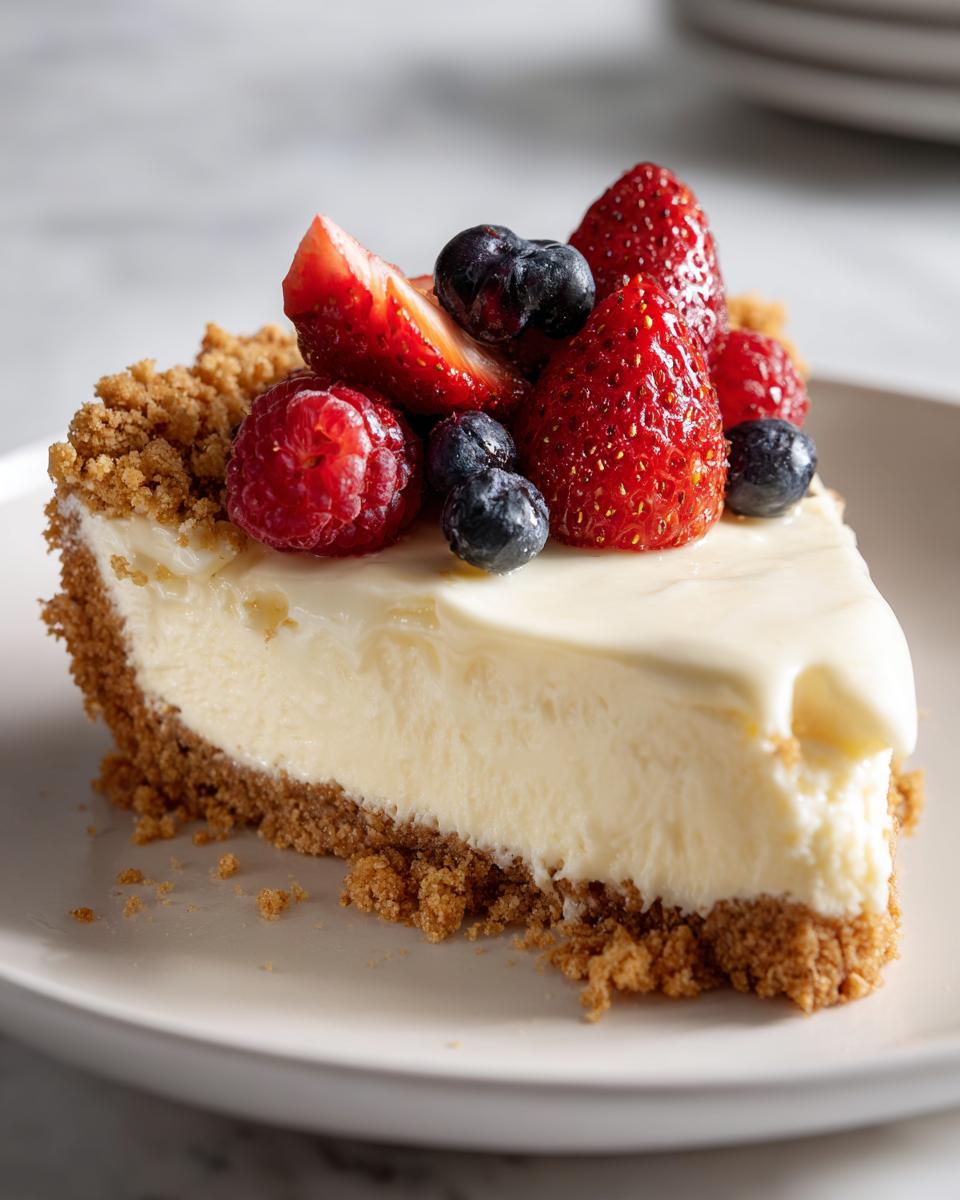 Porción de tarta cremosa con base de galleta y frutas frescas, postres fáciles y rápidos