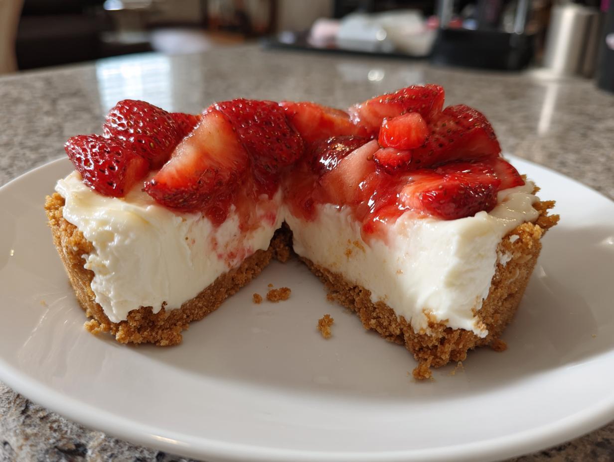 Porción de tarta sin horno con base de galleta, crema blanca y fresas frescas troceadas encima.