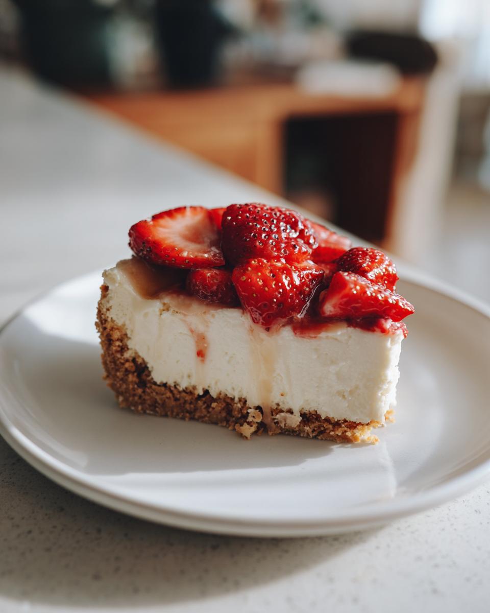 Porción de tarta fría con base de galleta, crema blanca y fresas frescas encima, postres sin horno.