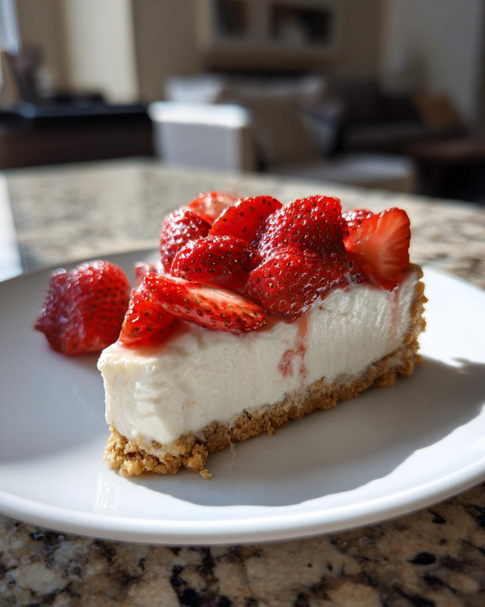 Porción de tarta fría con fresas frescas sobre base de galleta, postres sin horno.