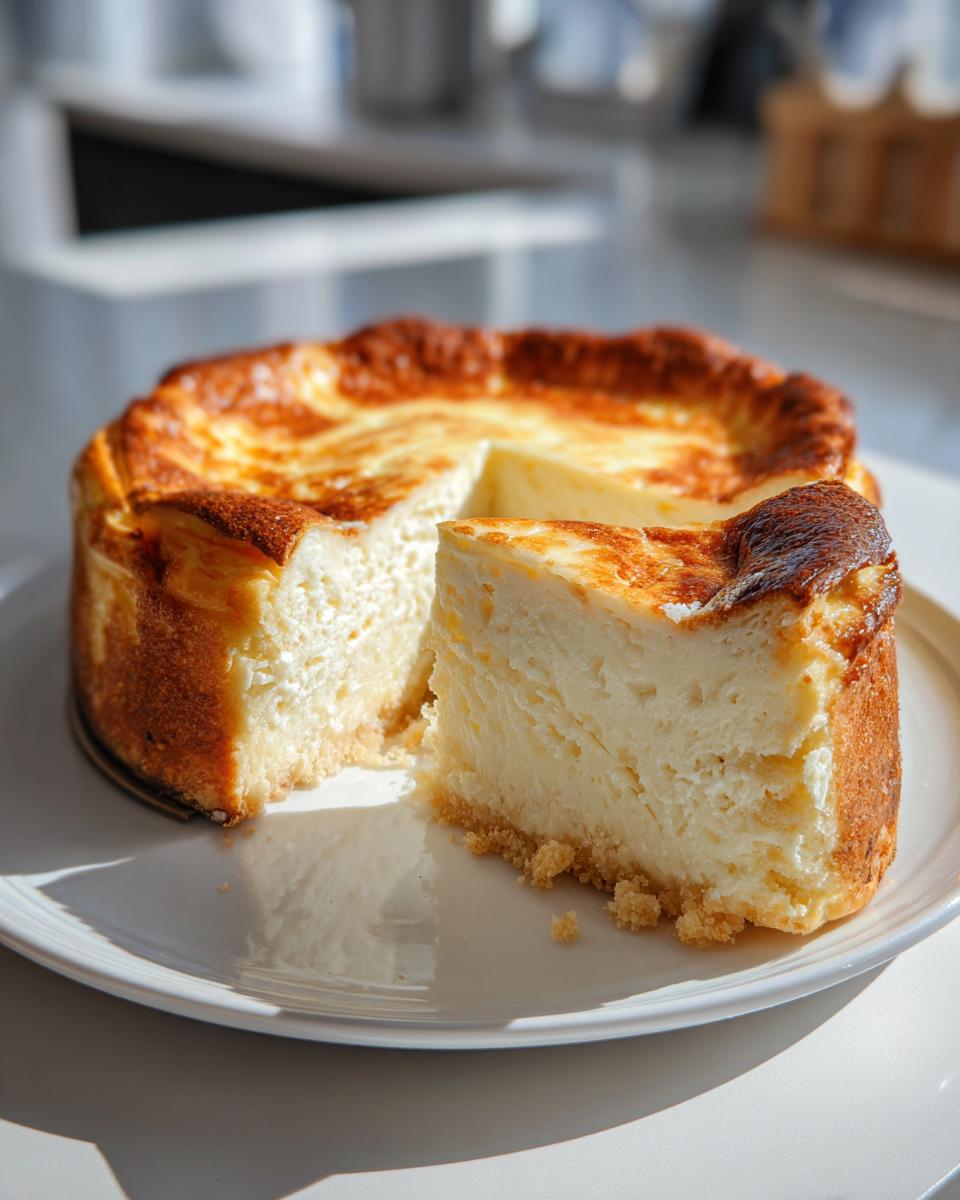 Tarta de queso al horno con una porción cortada mostrando textura cremosa y base de galleta.