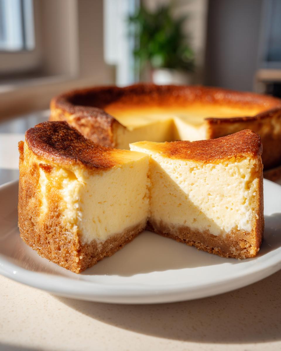 Tarta de queso al horno con un corte mostrando su textura cremosa y base de galleta