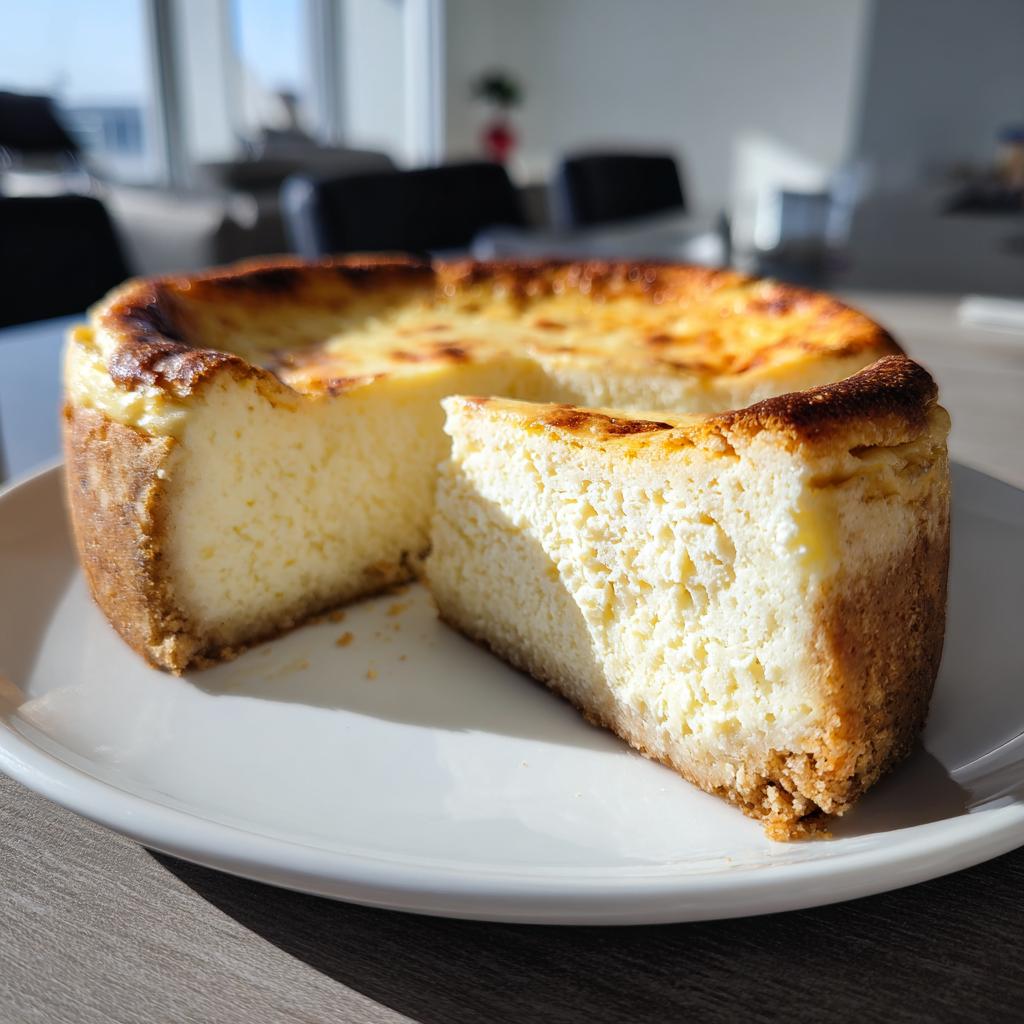 Tarta de queso al horno con corte que muestra su textura cremosa y dorada