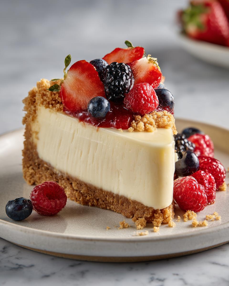 Porción de tarta de queso con base crujiente y frutas rojas frescas encima.