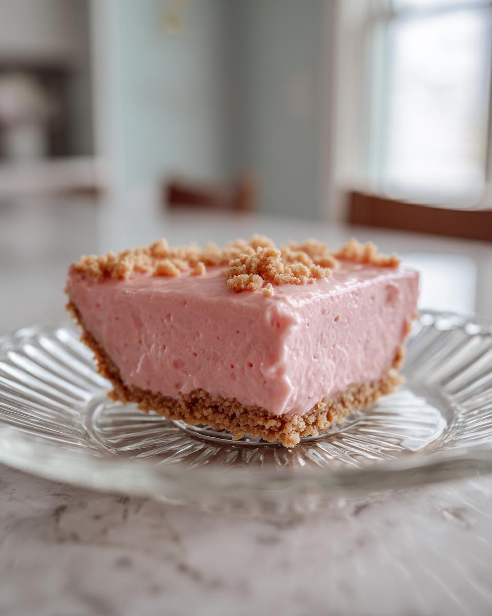 Porción de tarta rosada con costra de galleta en plato de vidrio.