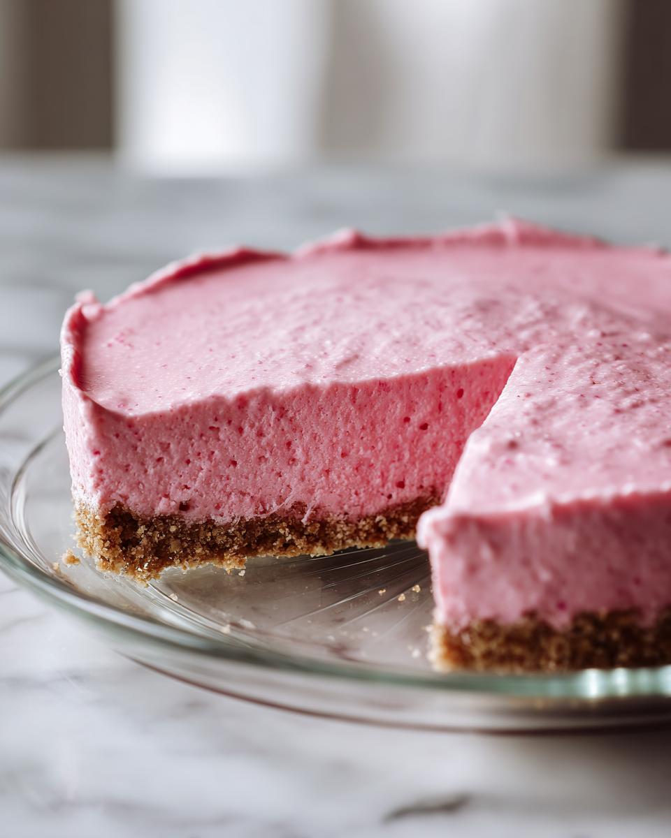 Tarta cremosa rosa con base de galleta y una porción cortada en un plato de vidrio