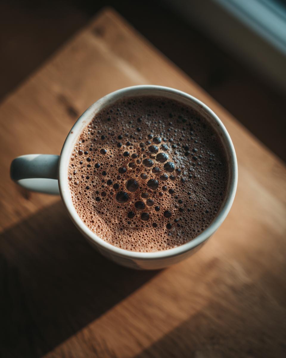 Taza blanca con chocolate caliente casero espumoso visto desde arriba