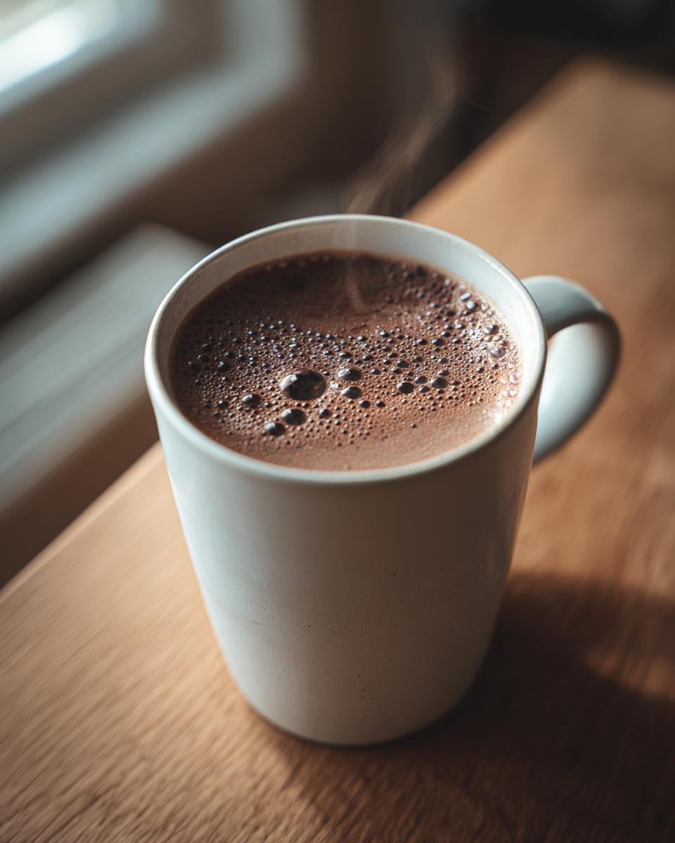 Taza blanca con chocolate caliente casero humeante sobre mesa de madera
