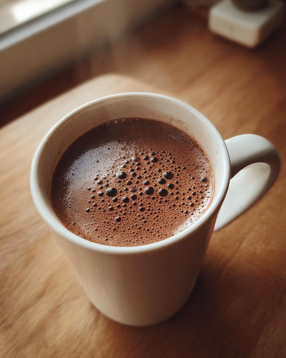 Primer plano de una taza blanca con chocolate caliente casero espumoso sobre mesa de madera