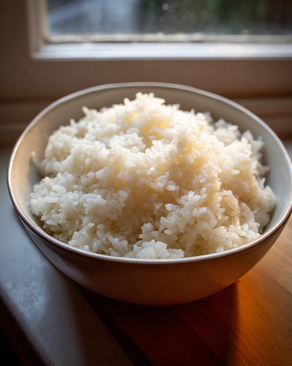Tazón con arroz blanco cocido al vapor, bien esponjoso y listo para servir.