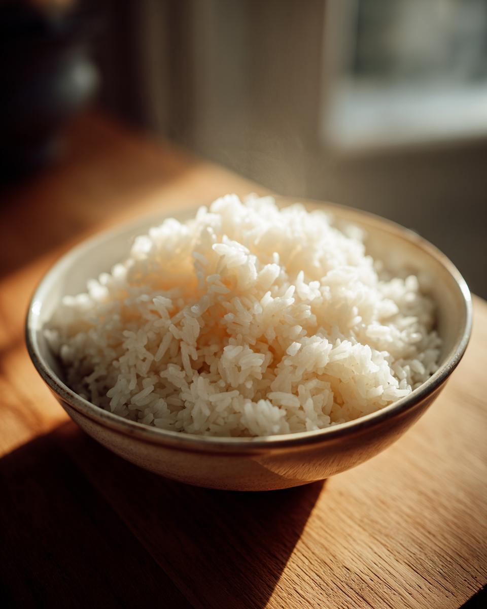 Tazón con arroz blanco cocido, ideal para recetas con arroz fáciles