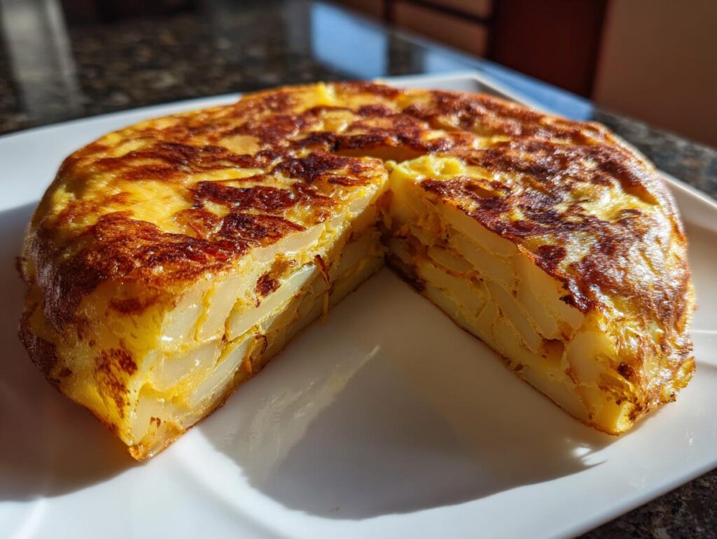 Tortilla de patatas en un plato blanco, vista de corte mostrando capas de patatas cocidas
