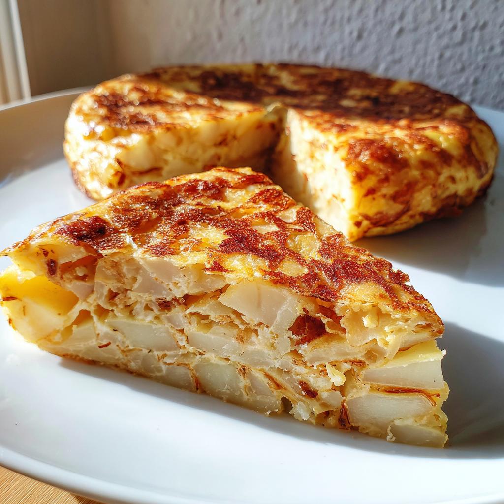 Una porción de tortilla de patatas con textura dorada y jugosa, sobre un plato blanco.