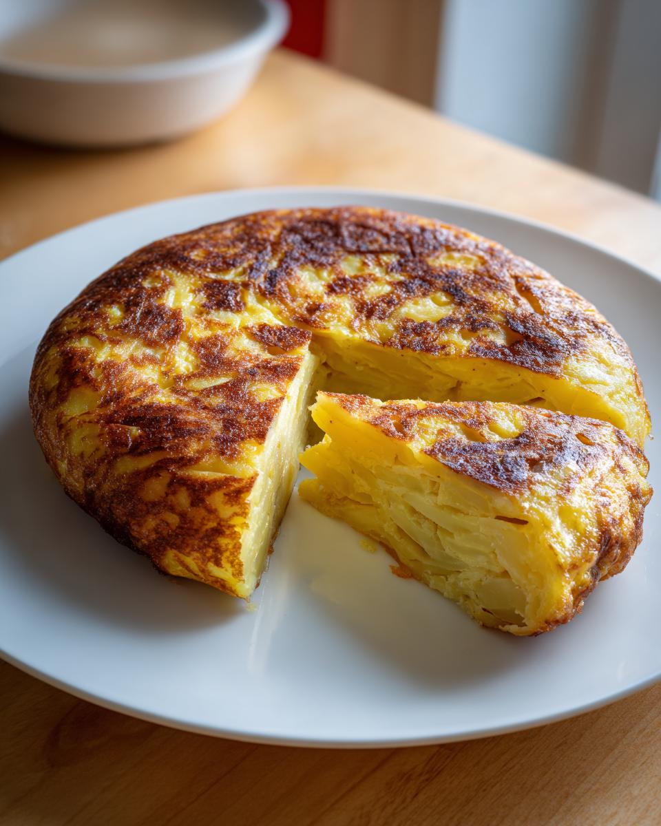 Tortilla de patatas cortada con un trozo separado, mostrando su textura jugosa y dorada.