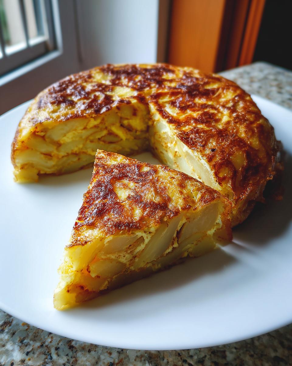 Tortilla de patatas con un trozo cortado mostrando la textura interior en un plato blanco.