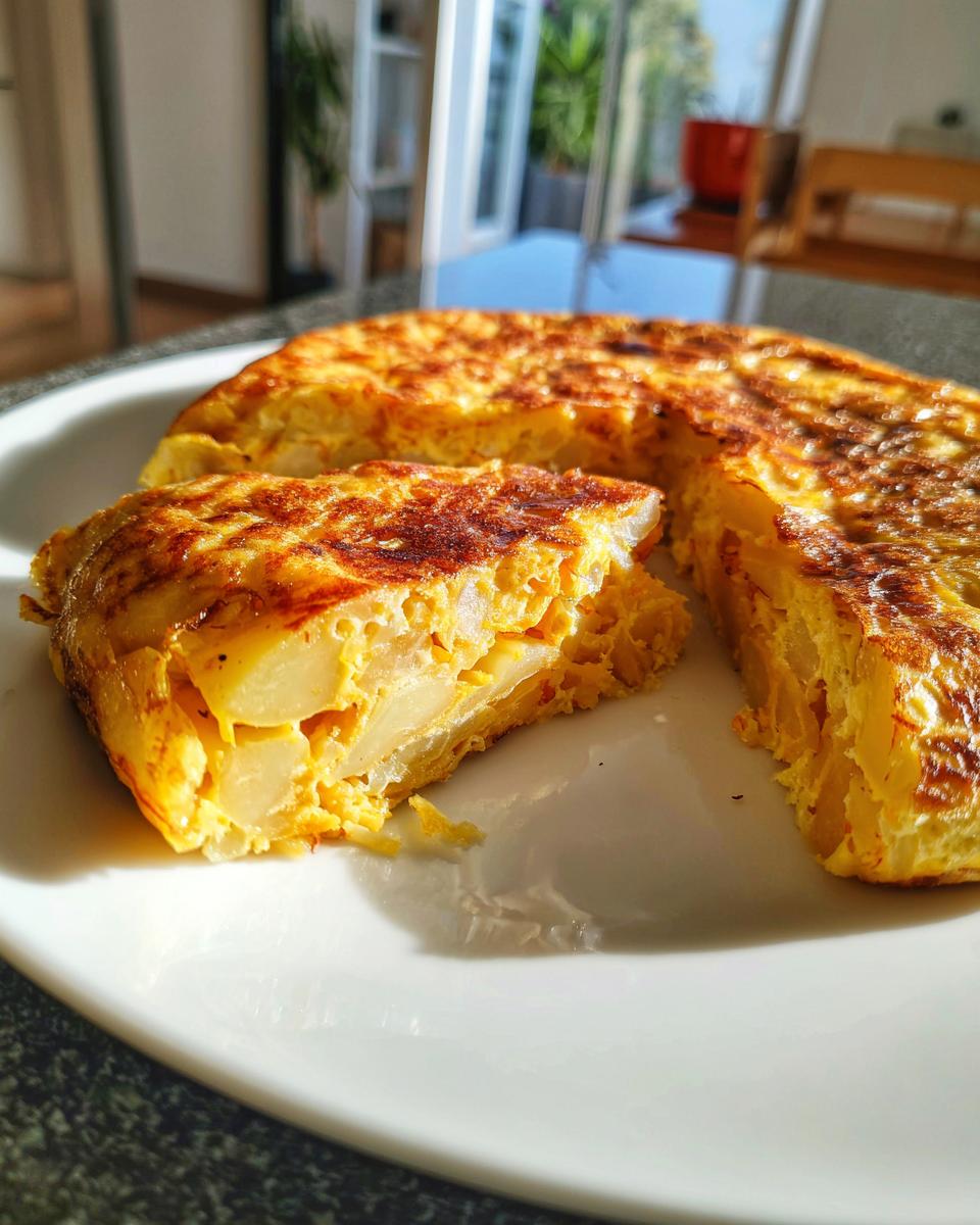 Tortilla española tradicional con patatas en plato blanco, preparada en casa.