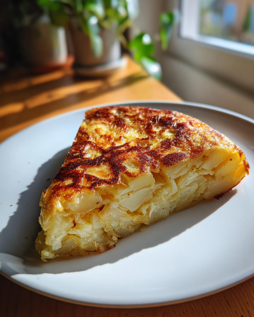 Porción de tortilla española dorada servida en un plato blanco sobre una mesa de madera.