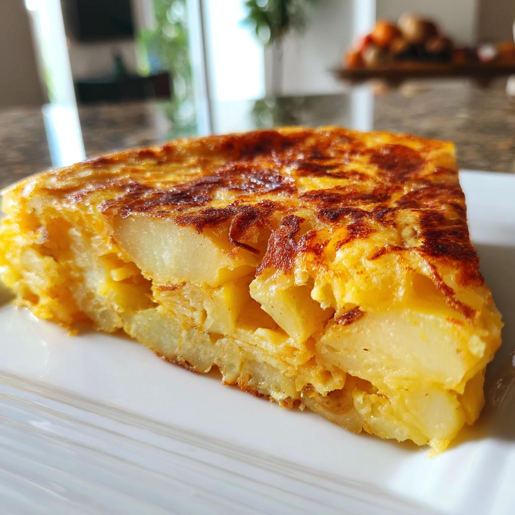 Porción de tortilla española clásica con patatas y huevo, sobre un plato blanco.