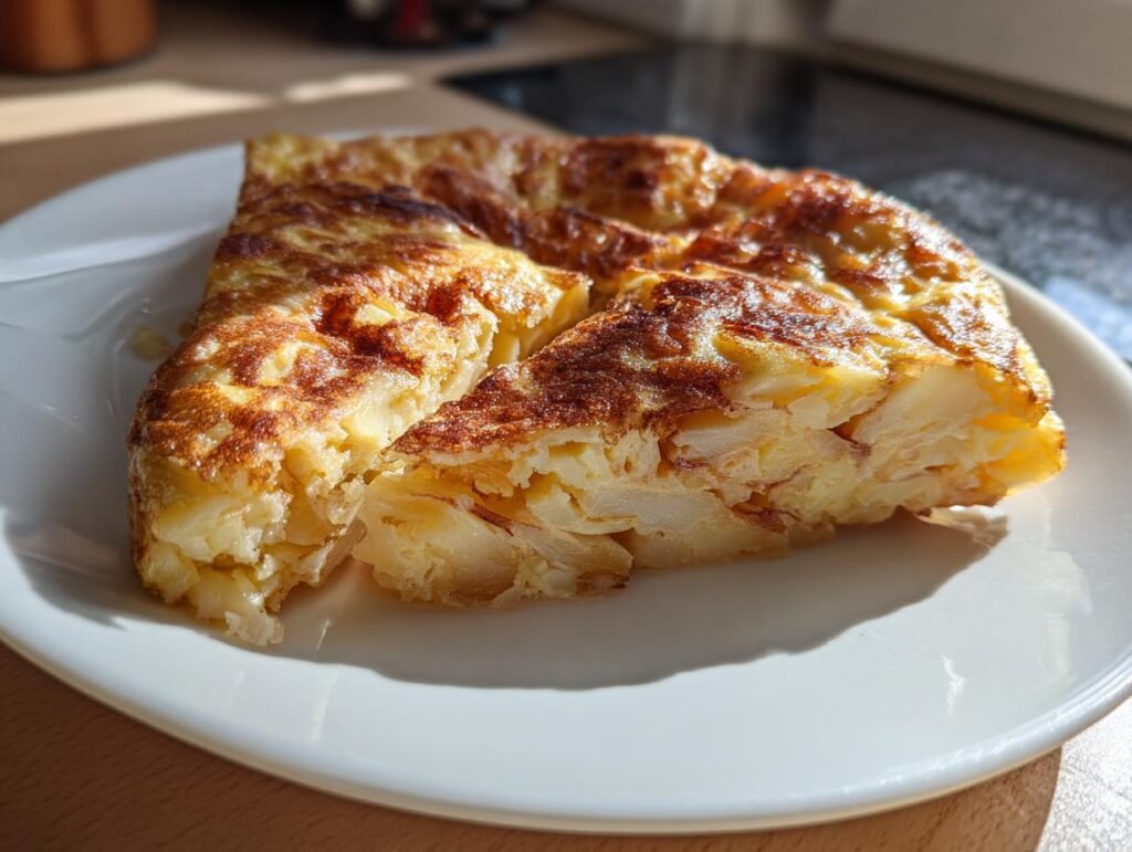 Porción de tortilla española dorada y jugosa en un plato blanco, típica en recetas de tapas españolas