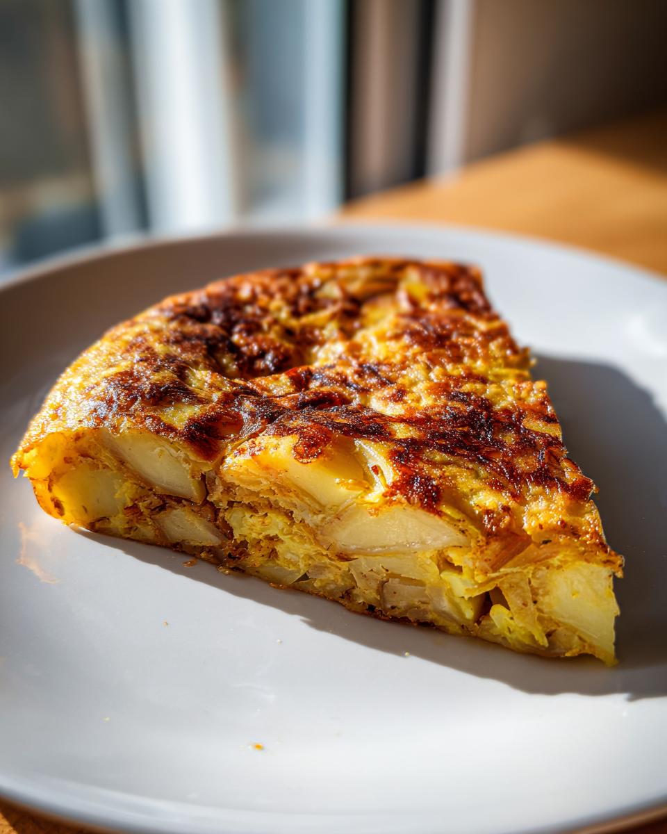 Porción de tortilla española casera con patatas en un plato blanco, receta fácil y rápida