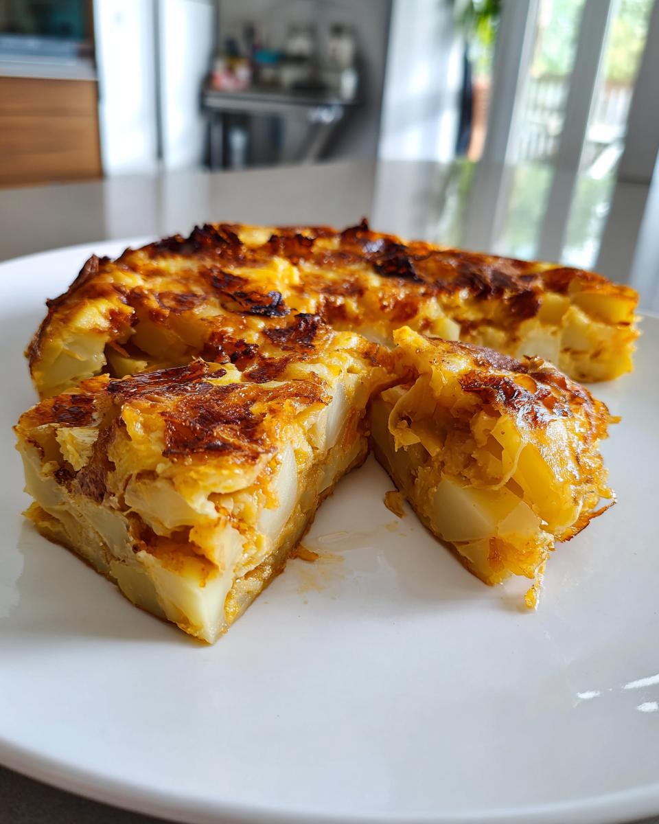 Tortilla española tradicional con papas y cebolla dorada en un plato blanco.