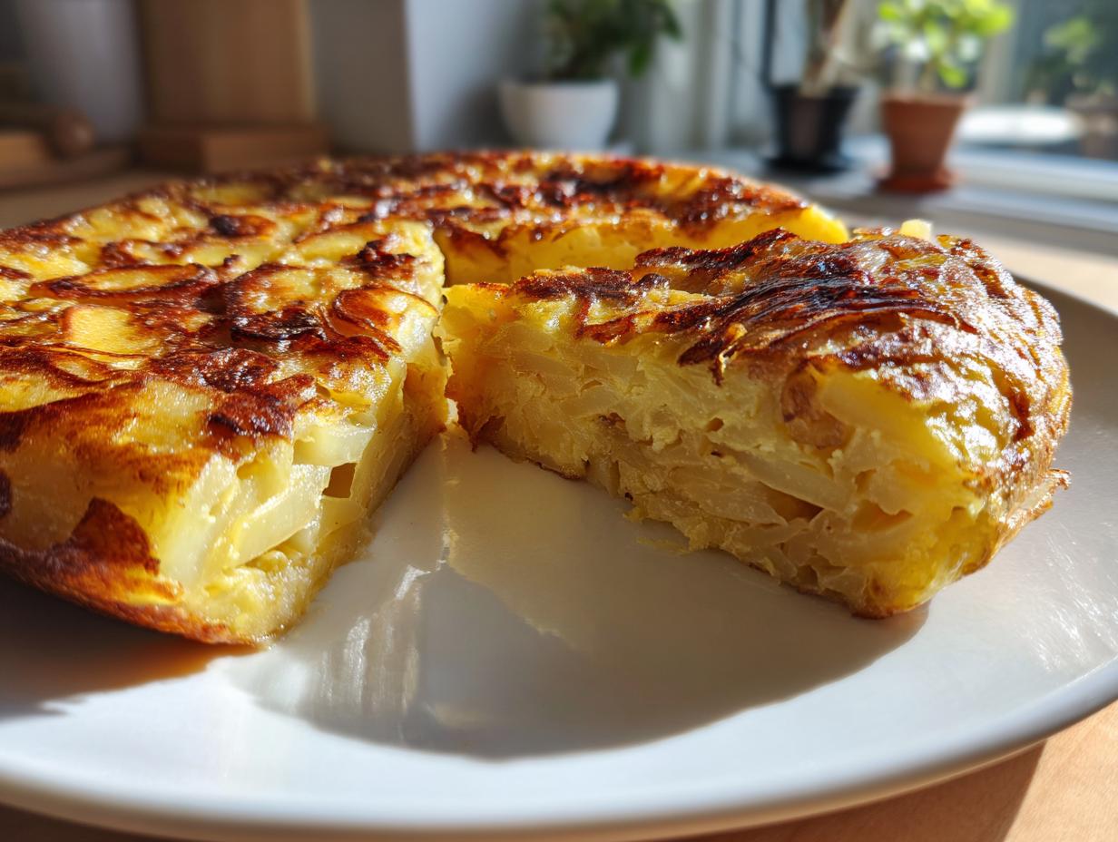Primer plano de una tortilla española tradicional cortada mostrando su interior jugoso.