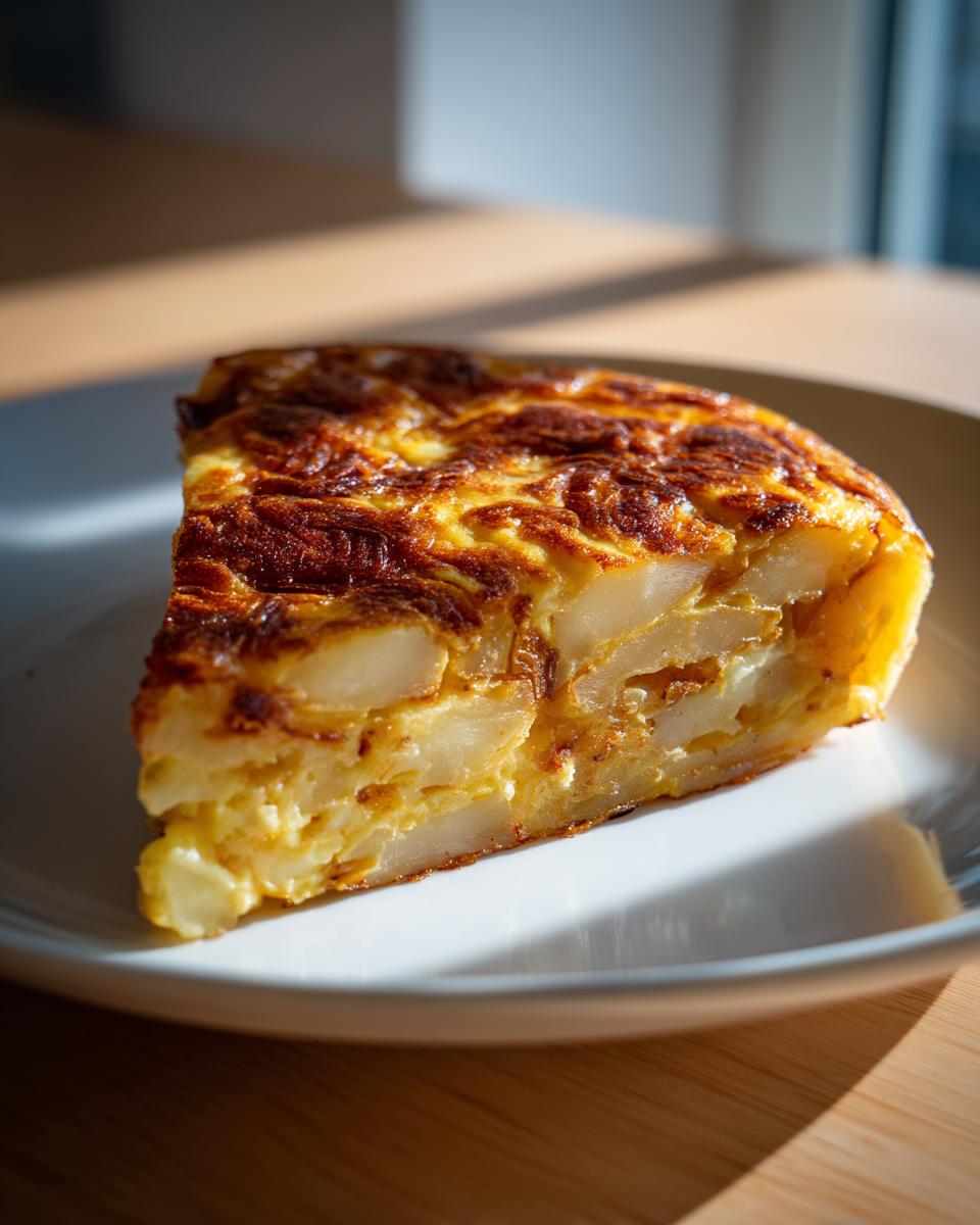 Porción de tortilla española tradicional con patatas en un plato blanco.