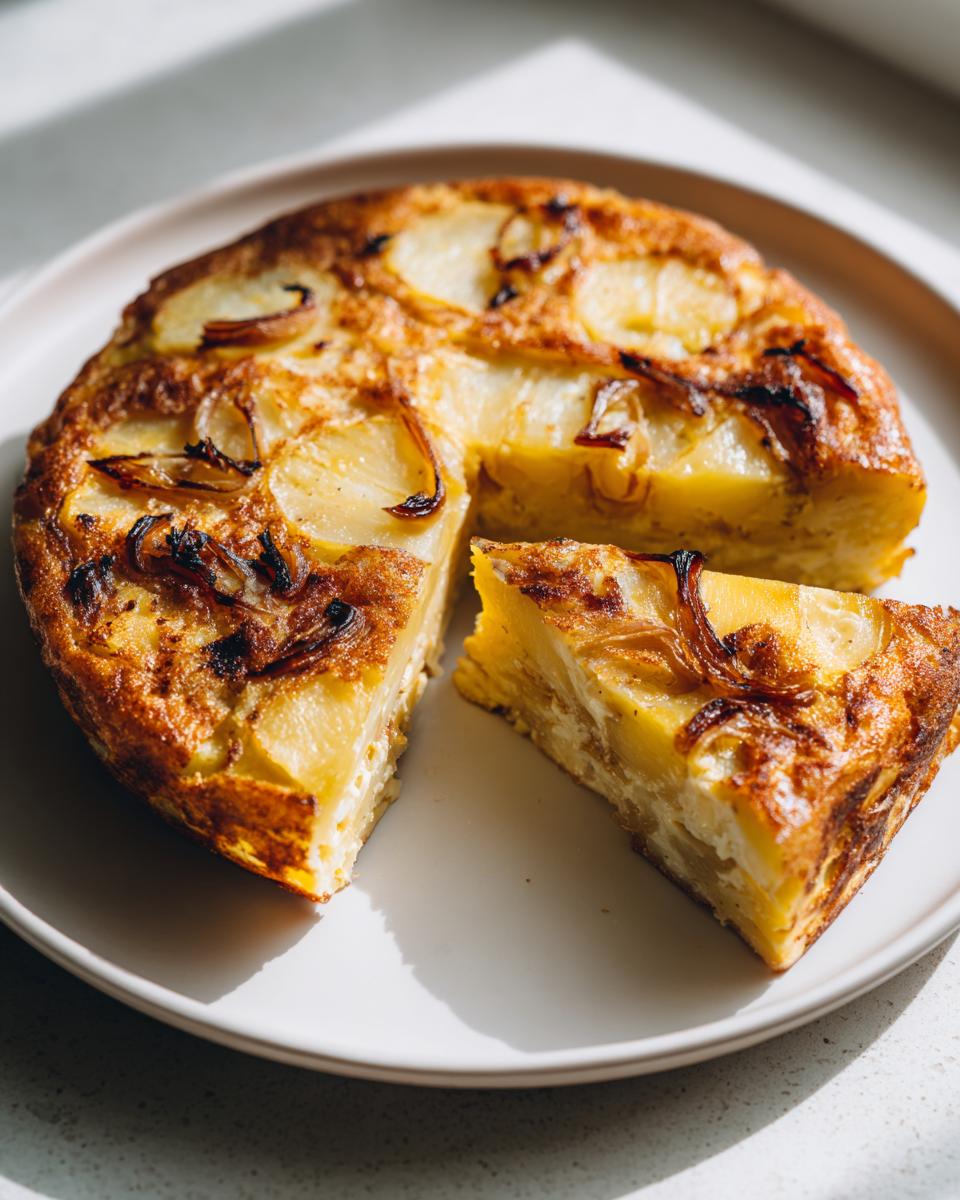 Tortilla de patata con cebolla cortada en un plato blanco, receta fácil y rápida