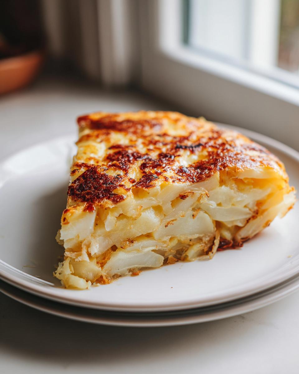 Porción de tortilla de patatas española tradicional sobre plato blanco