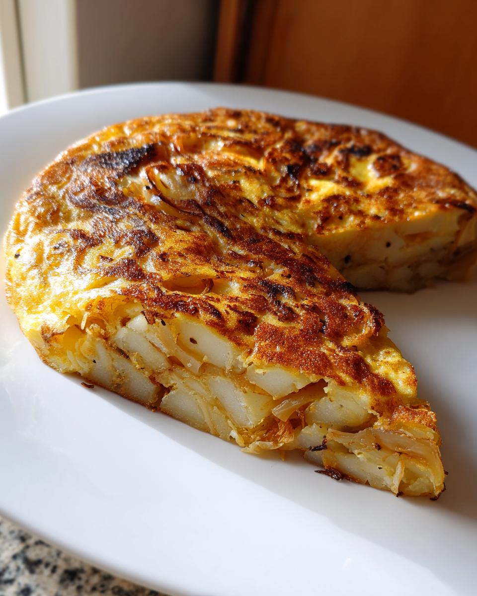 Porción de tortilla de patatas dorada servida en plato blanco, receta fácil y rápida.