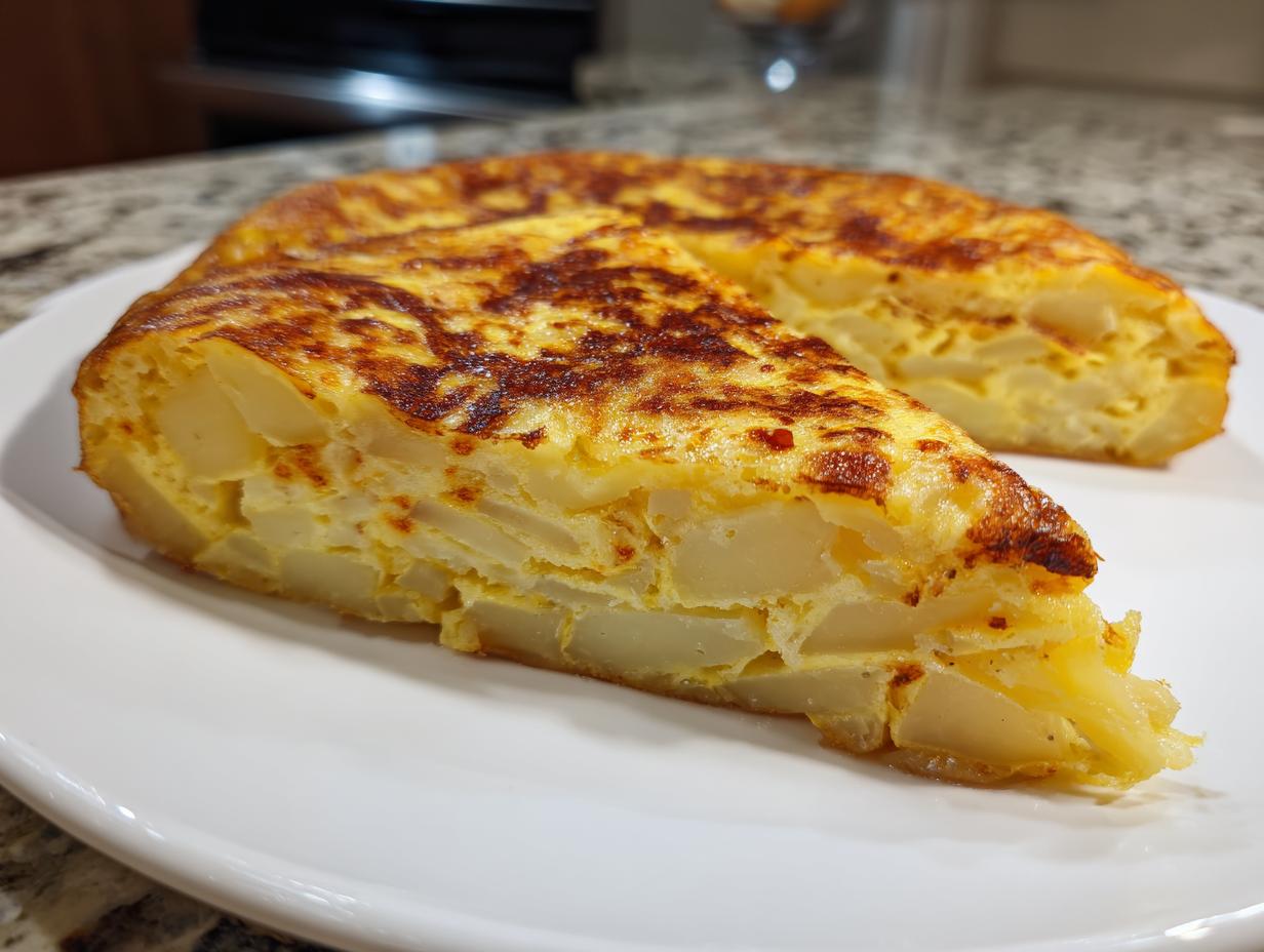 Porción de tortilla de patatas casera dorada en plato blanco, receta fáciles para cenar.
