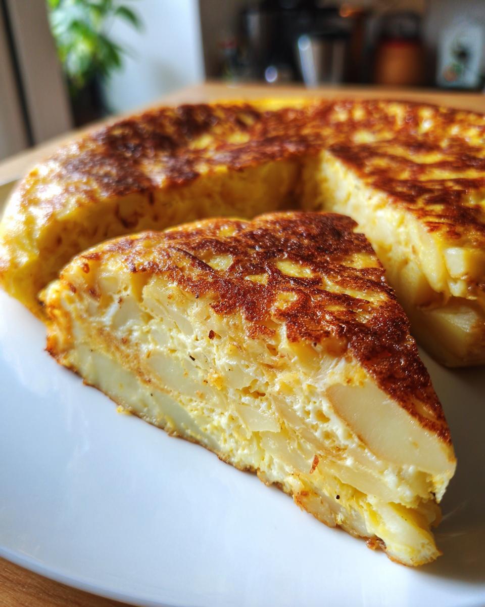 Tortilla de patatas dorada y jugosa con corte triangular en un plato blanco.