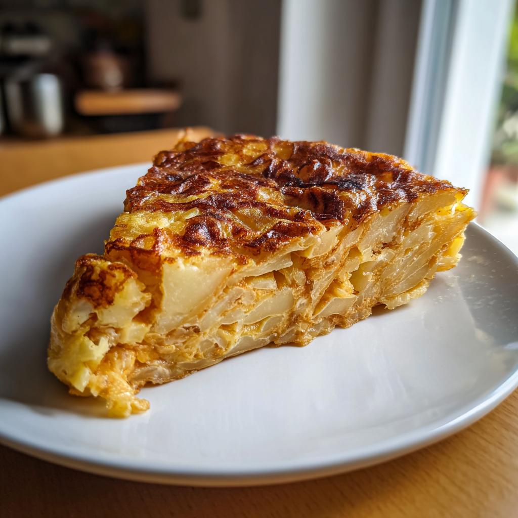 Porción de tortilla de patatas dorada en un plato blanco, típica de recetas de cocina española tradicional