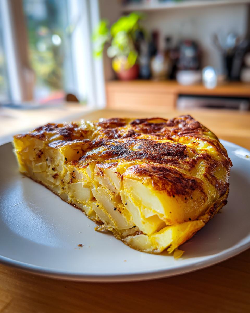 Trozo de tortilla de patatas en un plato blanco, mostrando capas de patatas y huevo dorado