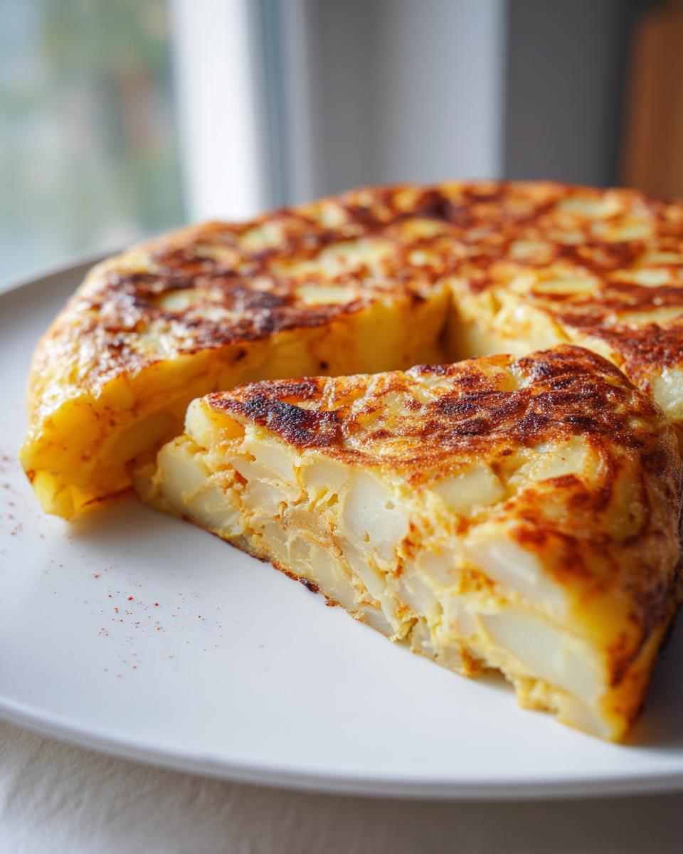 Tortilla de patatas española tradicional con un trozo cortado en un plato blanco