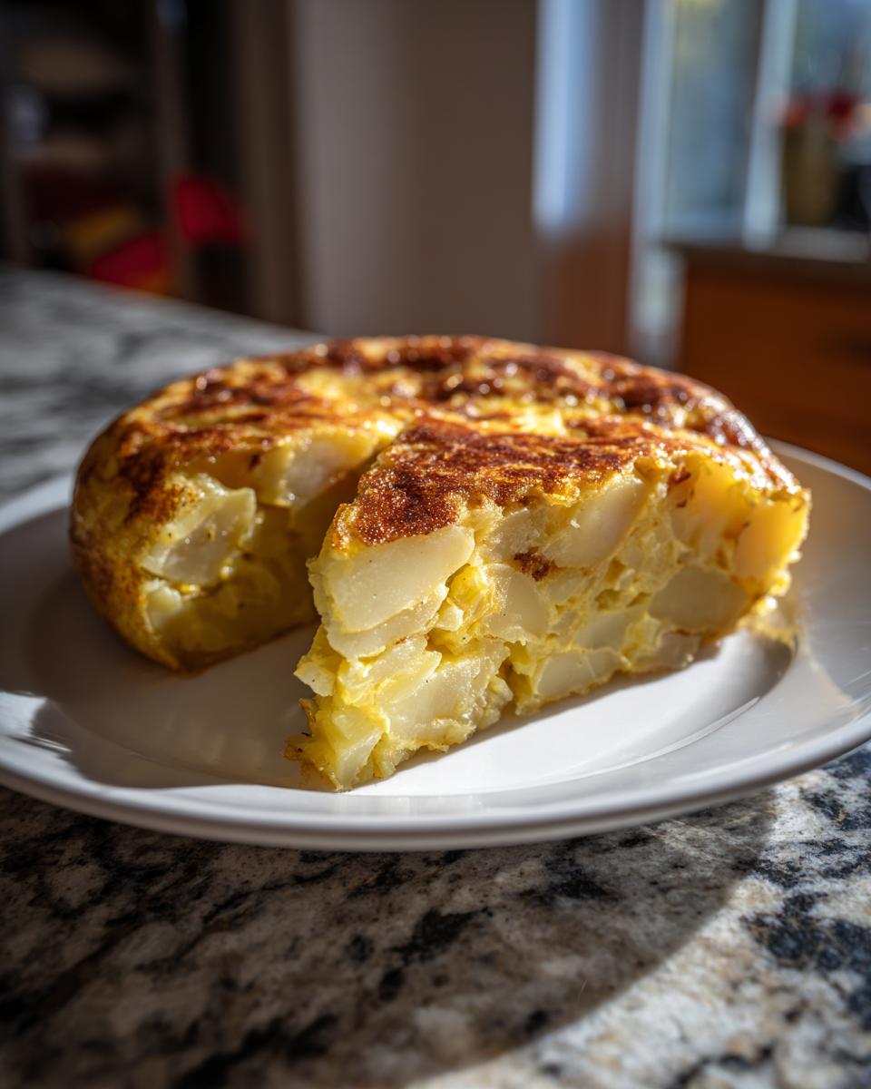 Porción de tortilla de patatas casera en un plato blanco sobre mesa de granito.