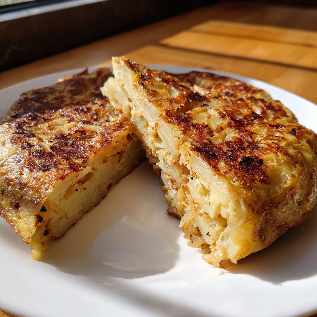 Tortilla de patatas clásica cortada, presentación en plato blanco para recetas fáciles y rápidas
