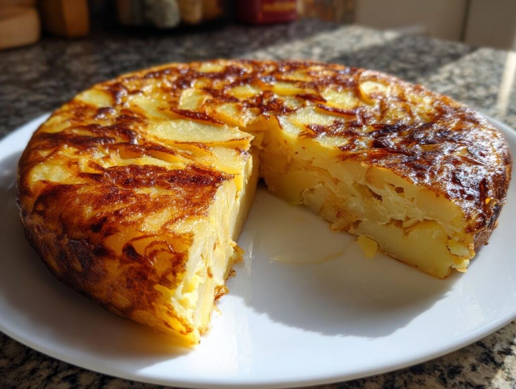 Tortilla de patatas casera dorada con un trozo cortado en un plato blanco