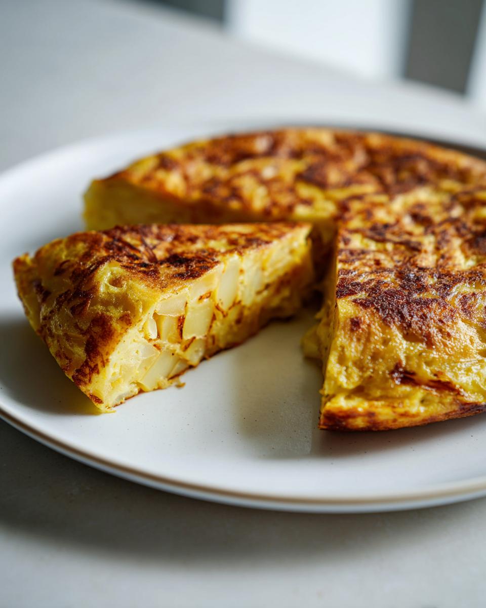Porción de tortilla de patatas dorada y jugosa en un plato blanco, perfecta para recetas fáciles y rápidas.