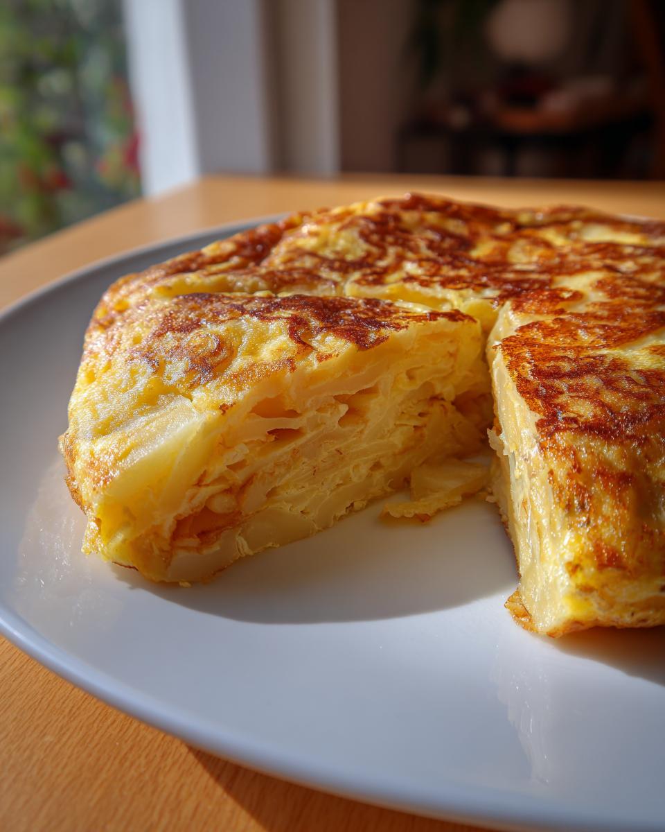 Tortilla de patatas recién hecha y jugosa en un plato blanco, ideal para recetas rápidas con ingredientes básicos.