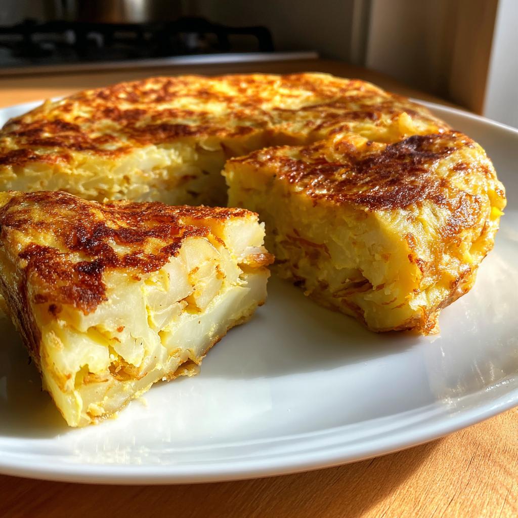 Tortilla de patatas casera dorada con un trozo cortado en un plato blanco sobre mesa de madera