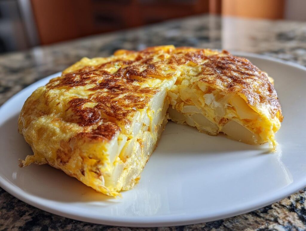 Tortilla de patatas tradicional con un trozo cortado en un plato blanco, receta rápida con ingredientes básicos