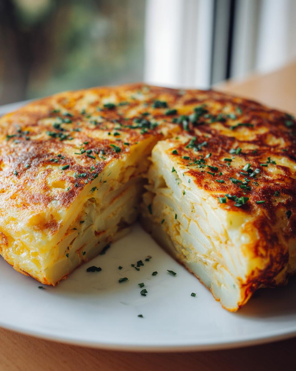 Tortilla de patatas casera con cebollas, cortada en porciones, ideal para recetas rápidas con ingredientes básicos