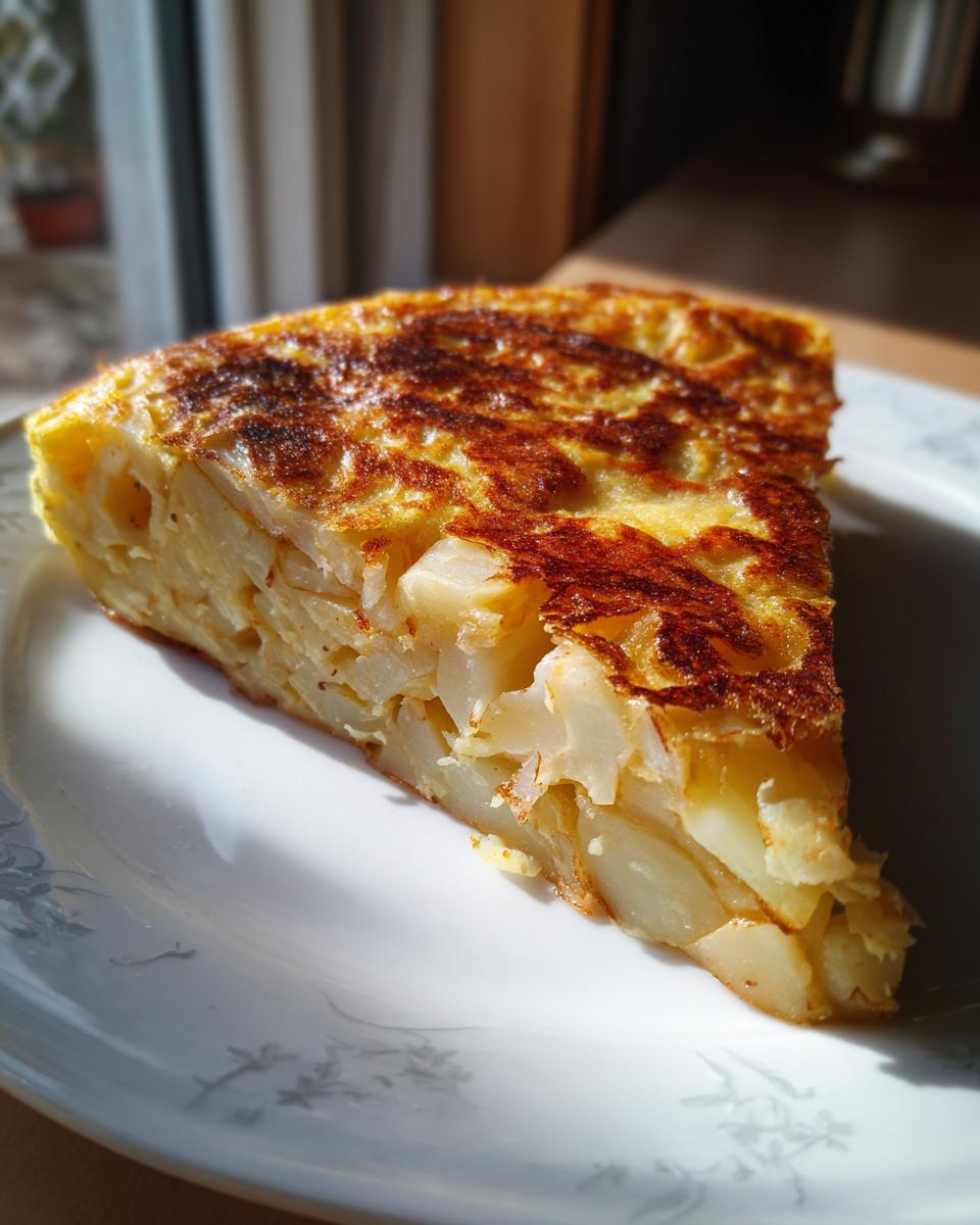 Porción de tortilla de patatas con textura dorada sobre plato blanco, recetas rápidas con ingredientes básicos
