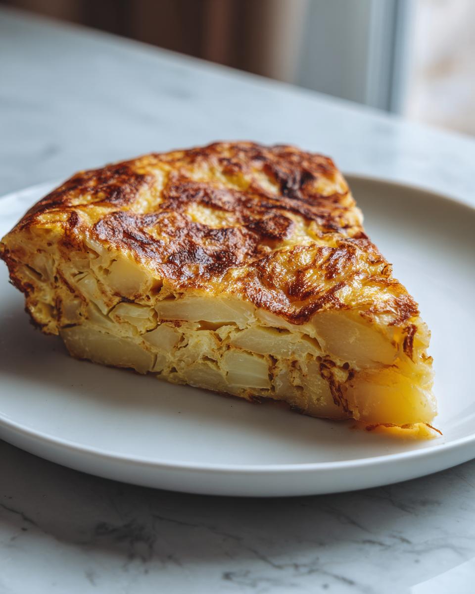Porción de tortilla de patatas en un plato blanco, típica receta de tapas españolas.