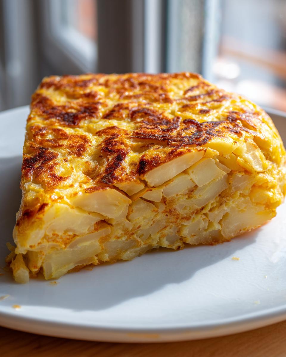 Porción de tortilla de patatas dorada, típica en recetas de tapas españolas.