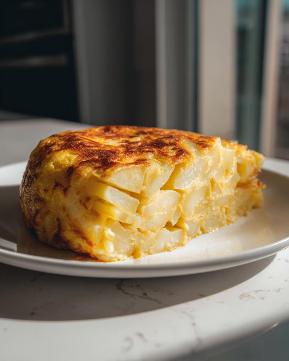 Primer plano de una porción de tortilla de patatas, típica en recetas de tapas españolas, en un plato blanco.