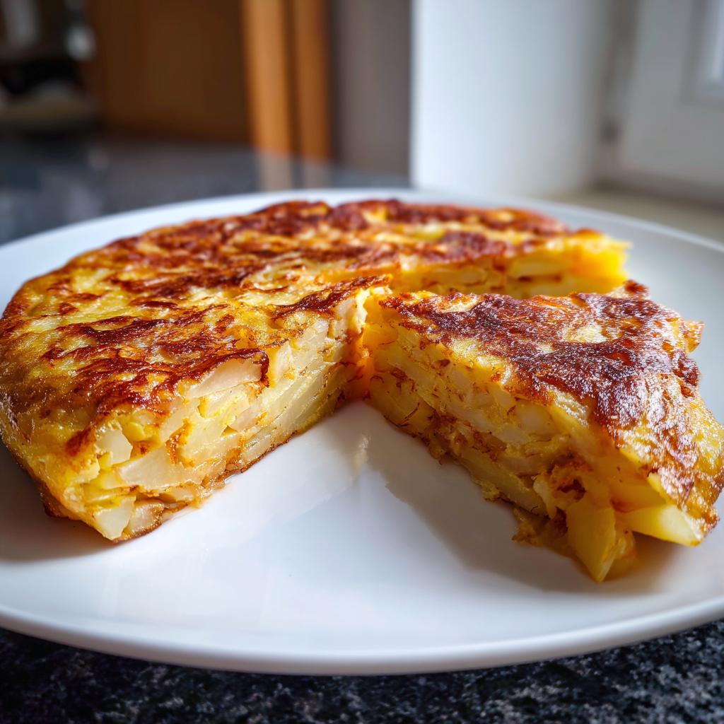 Tortilla de patatas tradicional cortada en trozos en un plato blanco, ideal para recetas de tapas españolas.